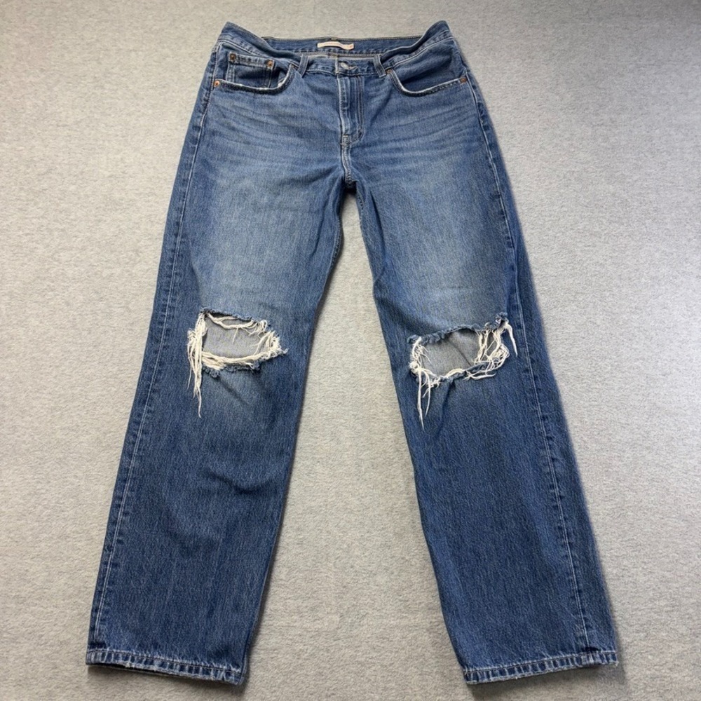 Levis Jeans Womens 30 Blue Low Pro Straight Relaxed Medium Wash Destroyed Denim